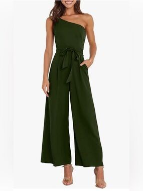 One-Shoulder Army Green Wide-Leg Jumpsuit
